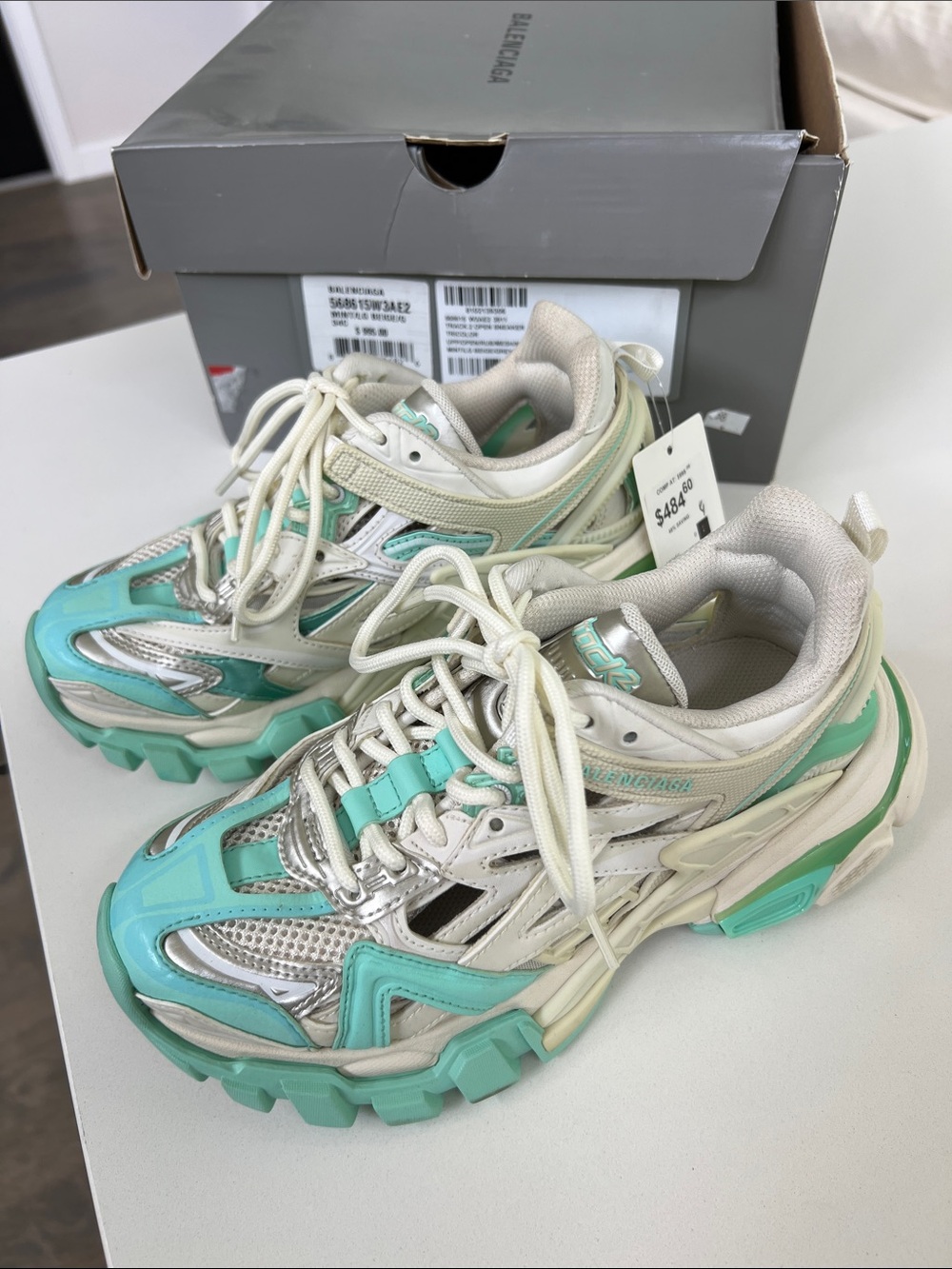 Balenciaga track 2 open mint beige grey lace up chunky sneakers 34